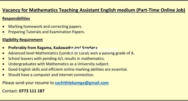 Vacancy for Mathematics Teaching Assistant English medium